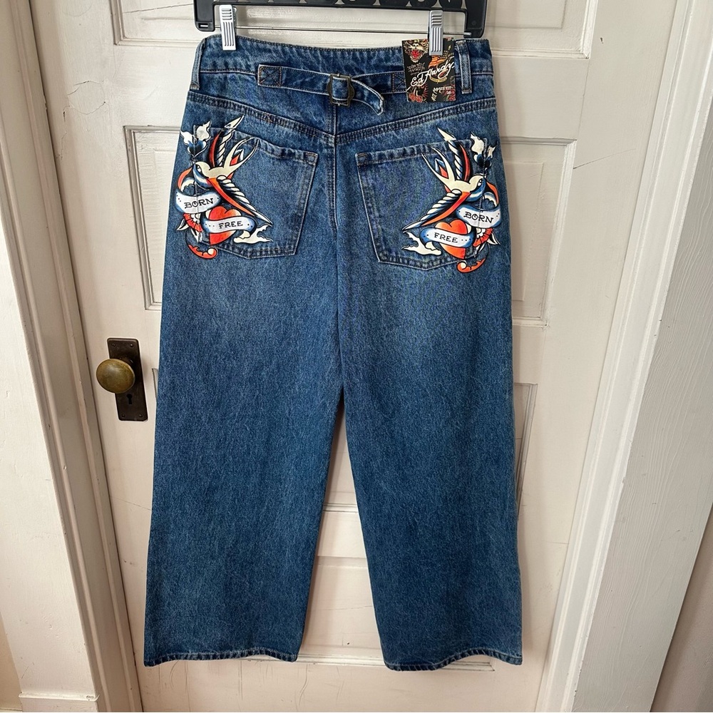 NWT Ed Hardy Born Free Wide Leg Denim Jeans Buckle Back Swallow Design Size 26